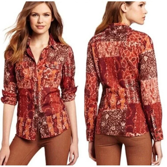 Lucky Brand Silk Mixed Print Floral Patchwork  Button Up Shirt Womens Small - Picture 1 of 6